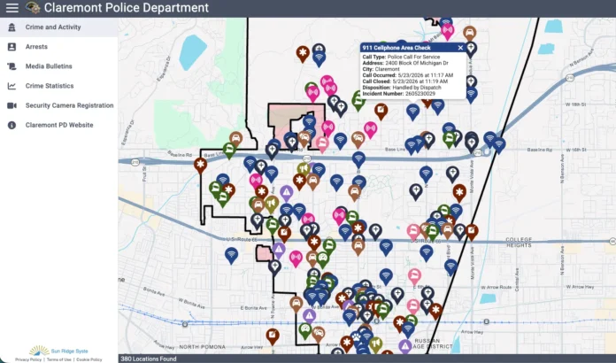 Claremont Crime Database screenshot showing crime map and police activity data