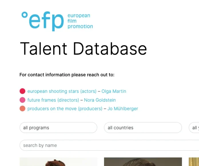 EFP Talent Database search interface showing filters for programs, countries, years, and gender within the European Film Promotion platform.