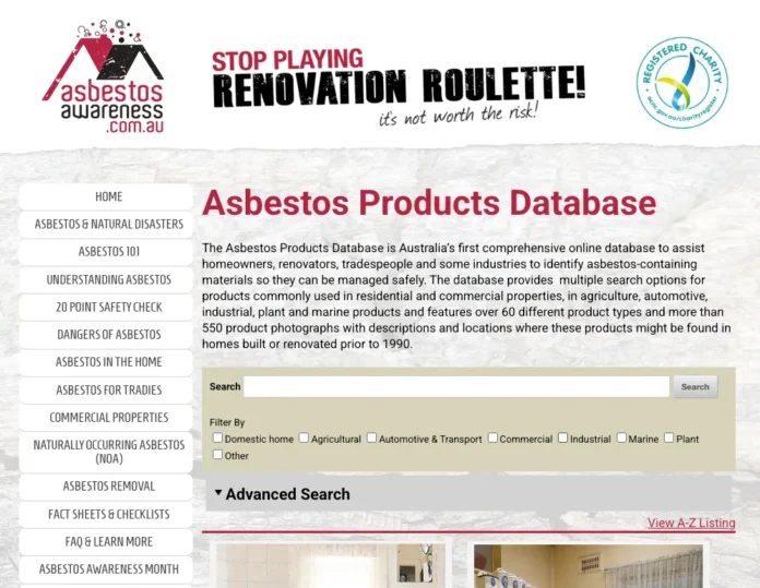 Asbestos Products Database search interface showing the keyword search box and filter options on asbestosawareness.com.au