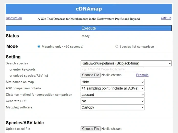 eDNAmap Database search interface showing marine environmental DNA analysis tools, species search options, biodiversity comparison settings, and Species/ASV table functionality.
