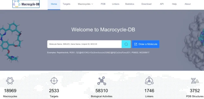 Macrocycle Database homepage showing the search interface for macrocyclic compounds and protein targets