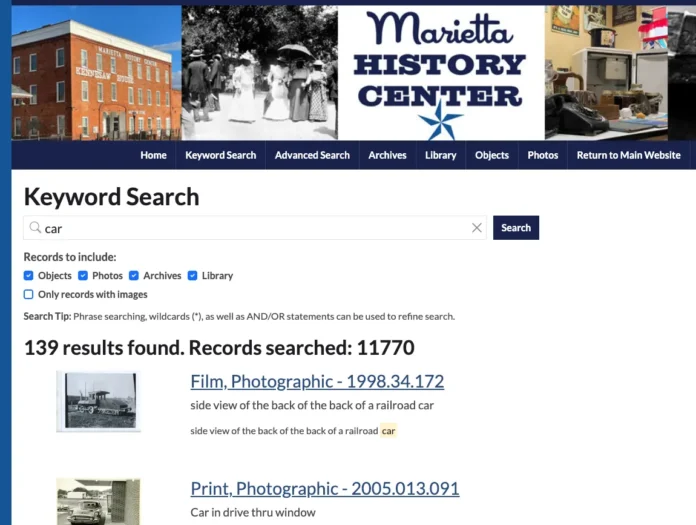 Marietta History Center database homepage showing the online collections catalog with its keyword and advanced search navigation menu.