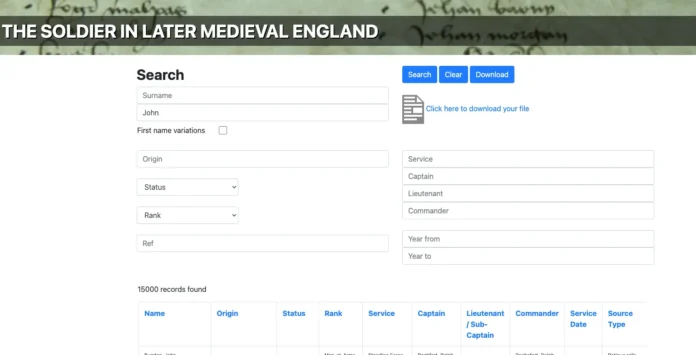 Medieval Soldier Database search interface showing fields for surname, rank, captain, and a results table of Hundred Years War records