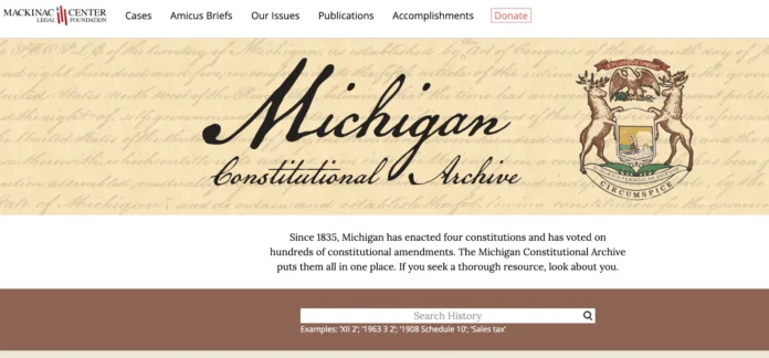 Michigan Constitutional History Database homepage showing the search interface of the Michigan Constitutional Archive by Mackinac Center Legal Foundation