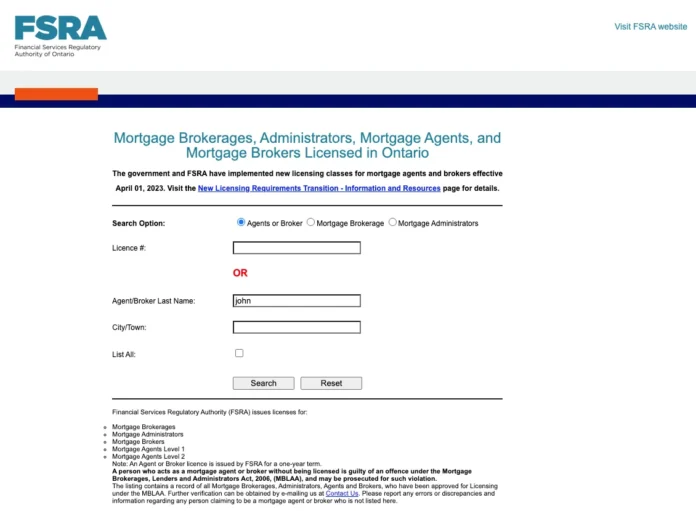 Ontario Mortgage Broker Search database interface showing search options for mortgage agents, brokers, brokerages, and administrators licensed in Ontario.