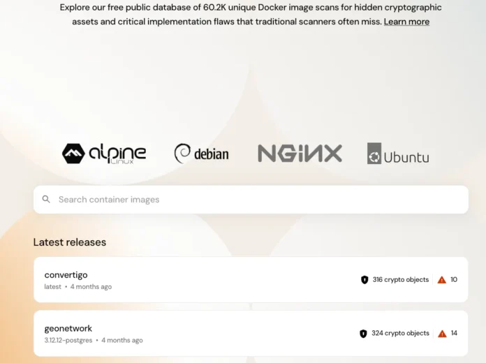 OpenCryptography Database homepage showing the container image search interface