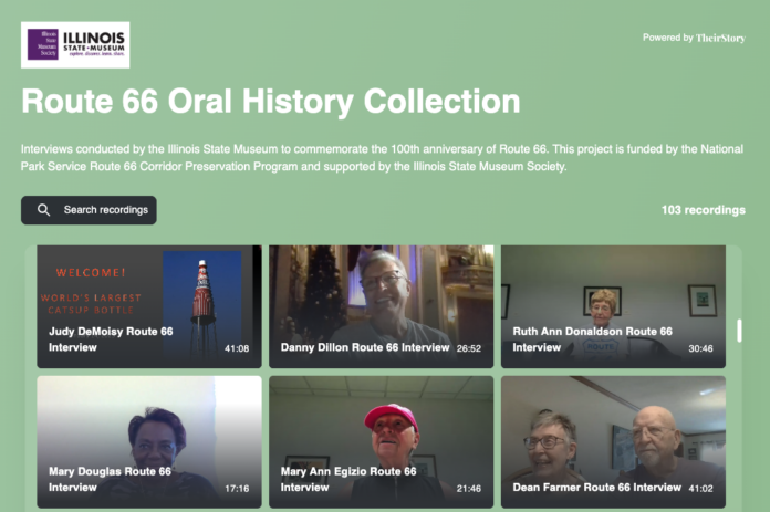 Route 66 Oral History Database interface showing 103 searchable video interviews and transcript records collected by the Illinois State Museum