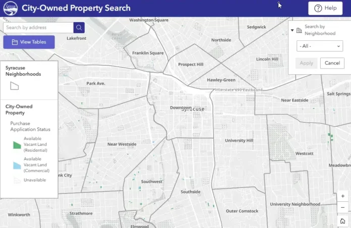 Syracuse Vacant Lots Database — City-Owned Property Search interactive map showing available residential and commercial vacant land across Syracuse neighborhoods