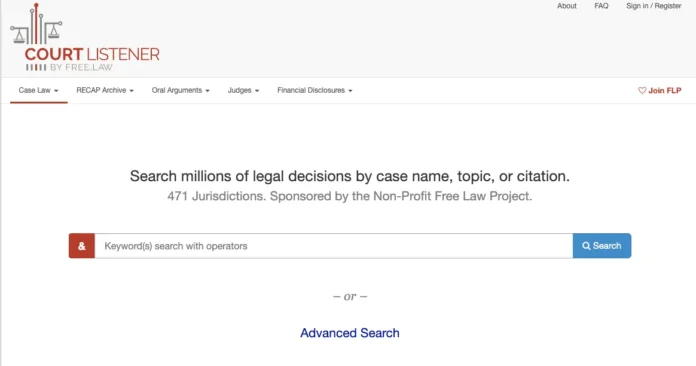 CourtListener homepage with the case law search bar covering 471 jurisdictions