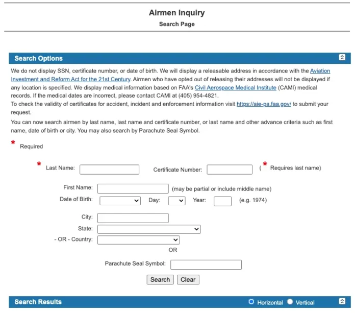 FAA airman registry search page showing the Airmen Inquiry form with last name, first name, date of birth, city, state, and certificate number fields.
