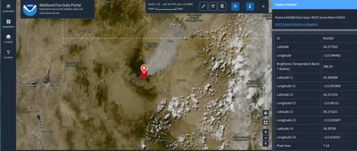 NOAA wildfire data portal map showing an NGFS fire detection near Grand Canyon National Park with feature detail readouts.